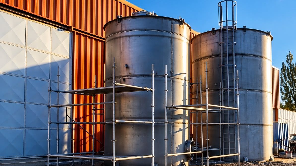 Estanques metálicos fabricados por Edimetal junto a una nave industrial