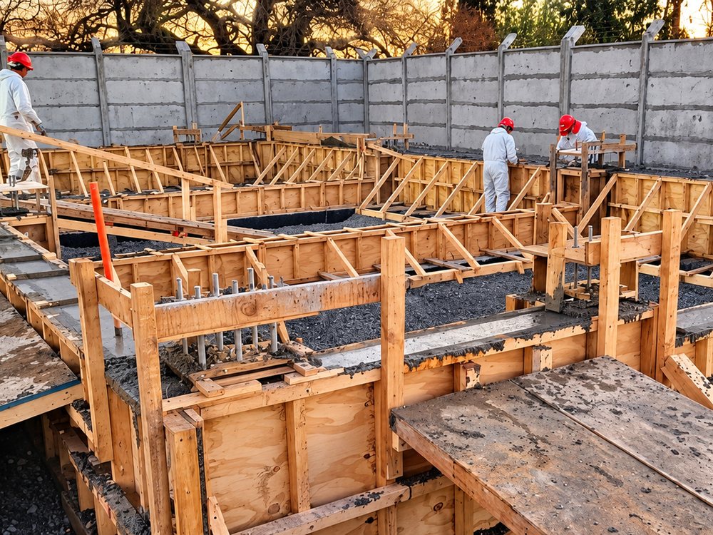 Moldajes y armaduras de una obra civil en hormigón armado con operarios trabajando