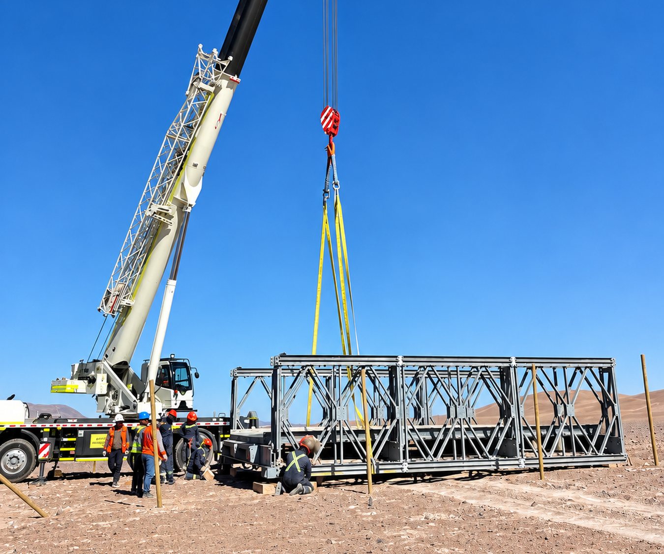 Grúa levantando un puente mecano en faena