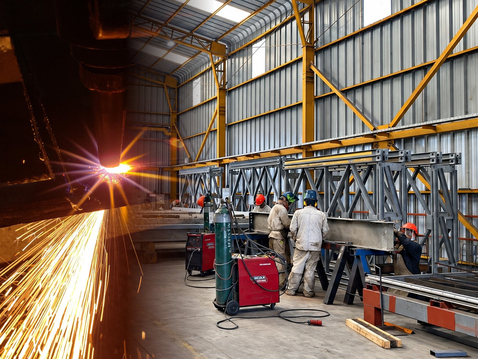 Corte con plasma y soldadores armando vigas en el taller de fabricación de Edimetal